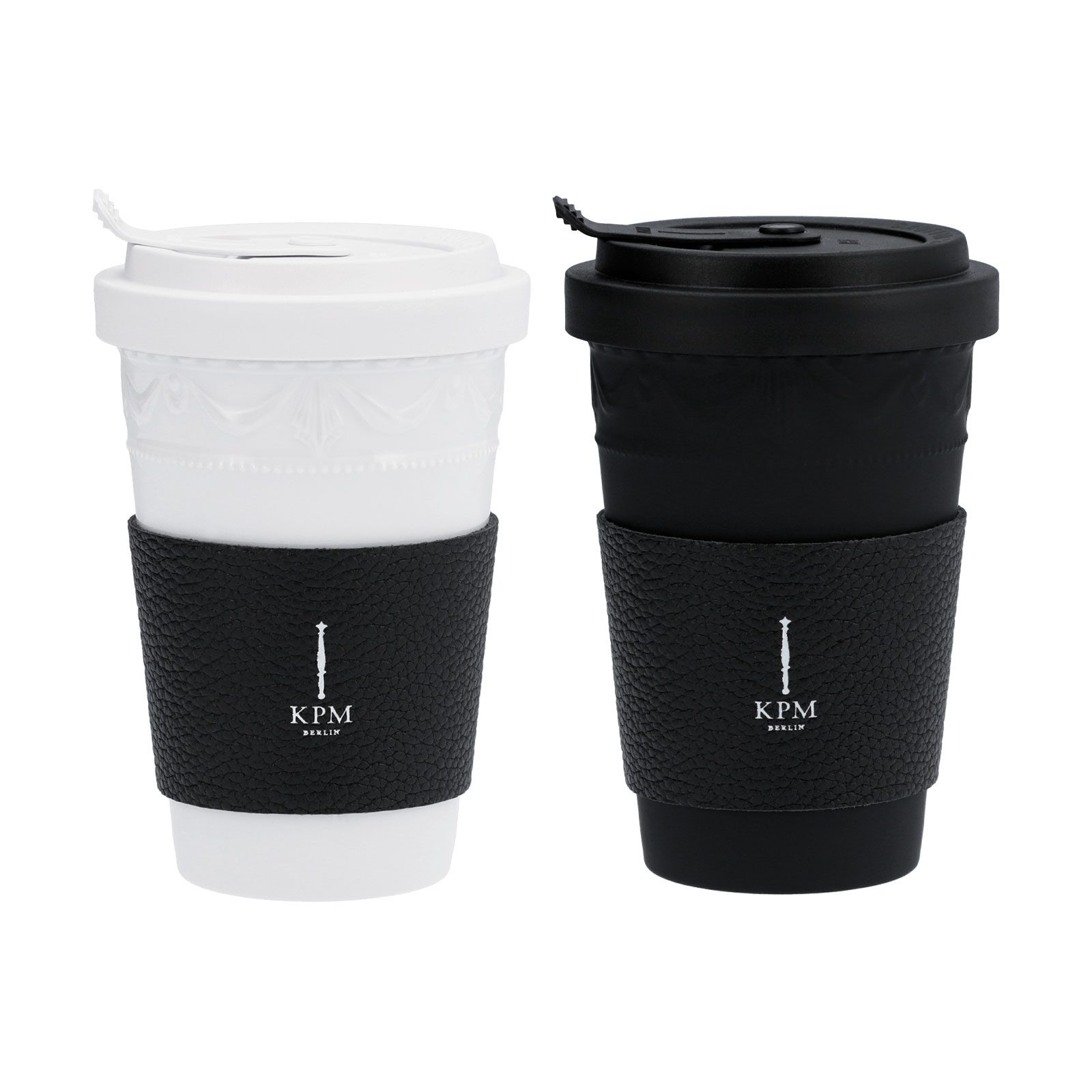 KPM -  Berlin Kurland To-Go Becher Set Black&White mit Deckel & 2 Ledermanschetten