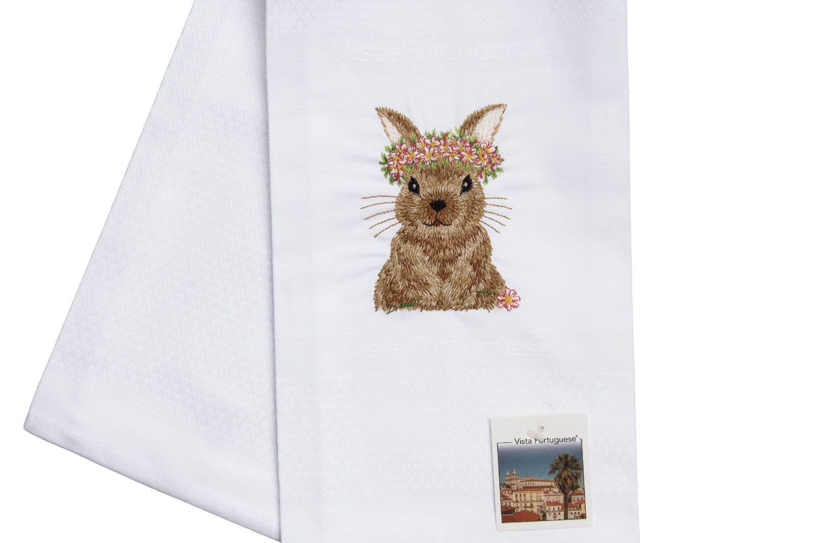 Vista Portuguese Geschirrtuch Hase mit Blumenkranz 50x70cm